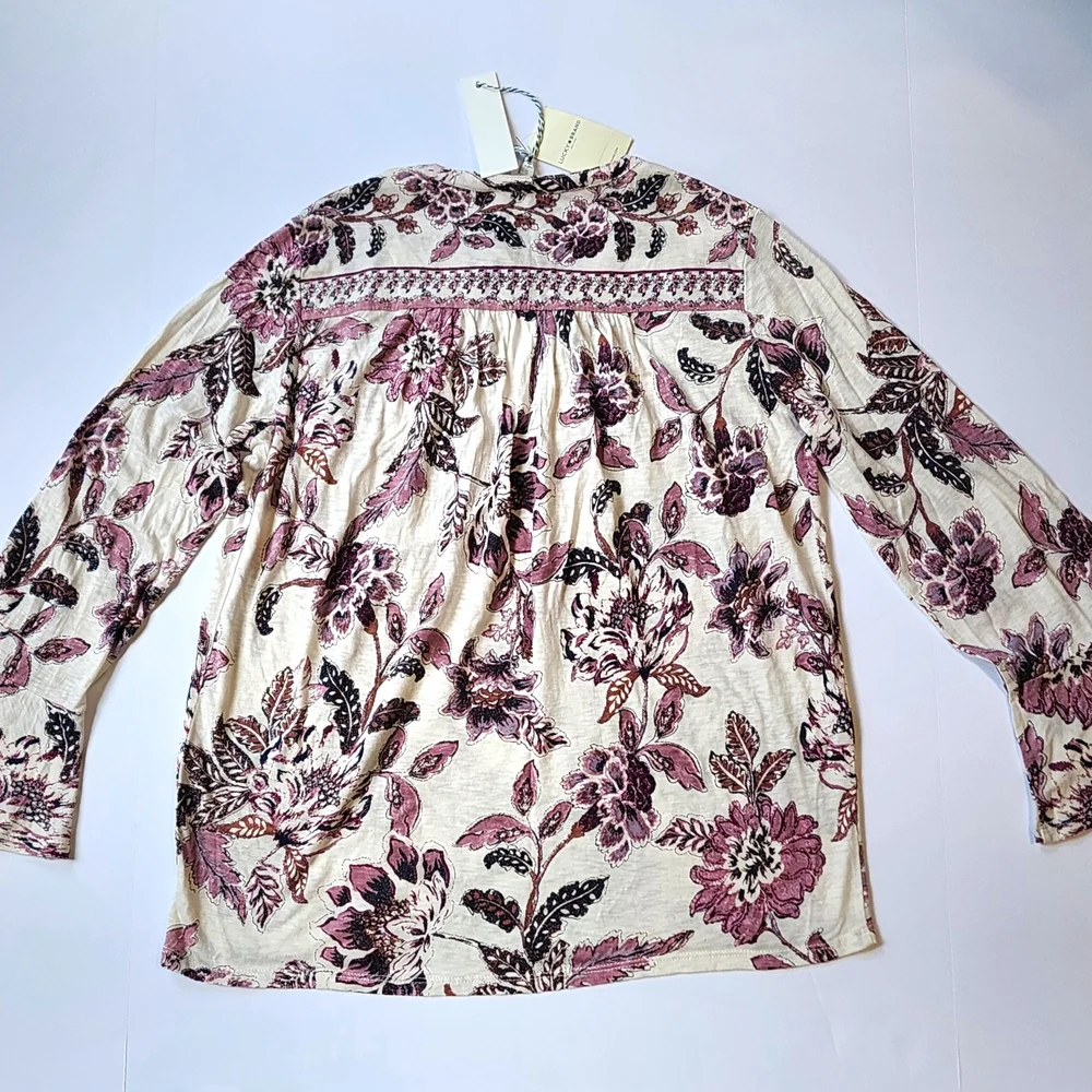 Lucky Brand Floral Long Sleeve Tie Neck Top in Purple and White Sz Small - Picture 2 of 8